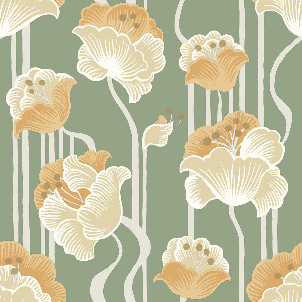 Shirley Green Deco Floral Peel & Stick Wallpaper by York Wallcoverings Designer Mirth Studios Covers about 34.2 square feet 20.5-in by 20-ft long roll Peel & Stick 20.5 - Swanky Fabrics -