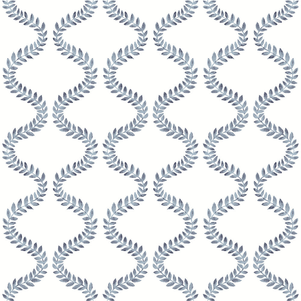 Florentine Blue Vine Trellis Peel & Stick Wallpaper by York Wallcoverings Designer Mirth Studios Covers about 34.2 square feet 20.5-in by 20-ft long roll Peel & Stick 20.5 - Swanky Fabrics -