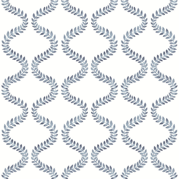 Florentine Blue Vine Trellis Peel & Stick Wallpaper by York Wallcoverings Designer Mirth Studios Covers about 34.2 square feet 20.5-in by 20-ft long roll Peel & Stick 20.5 - Swanky Fabrics -
