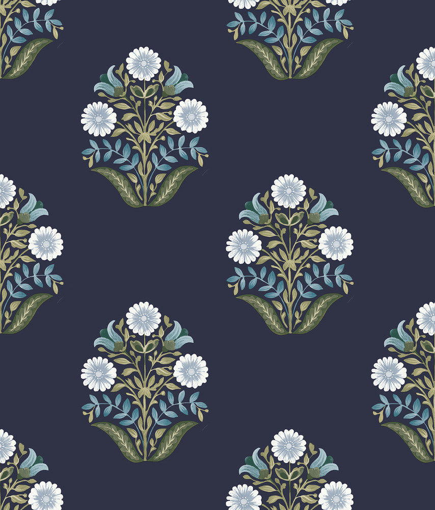 Sophie Navy Floral Medallion Peel & Stick Wallpaper by York Wallcoverings Designer Mirth Studios Covers about 34.2 square feet 20.5-in by 20-ft long roll Peel & Stick 24 - Swanky Fabrics -