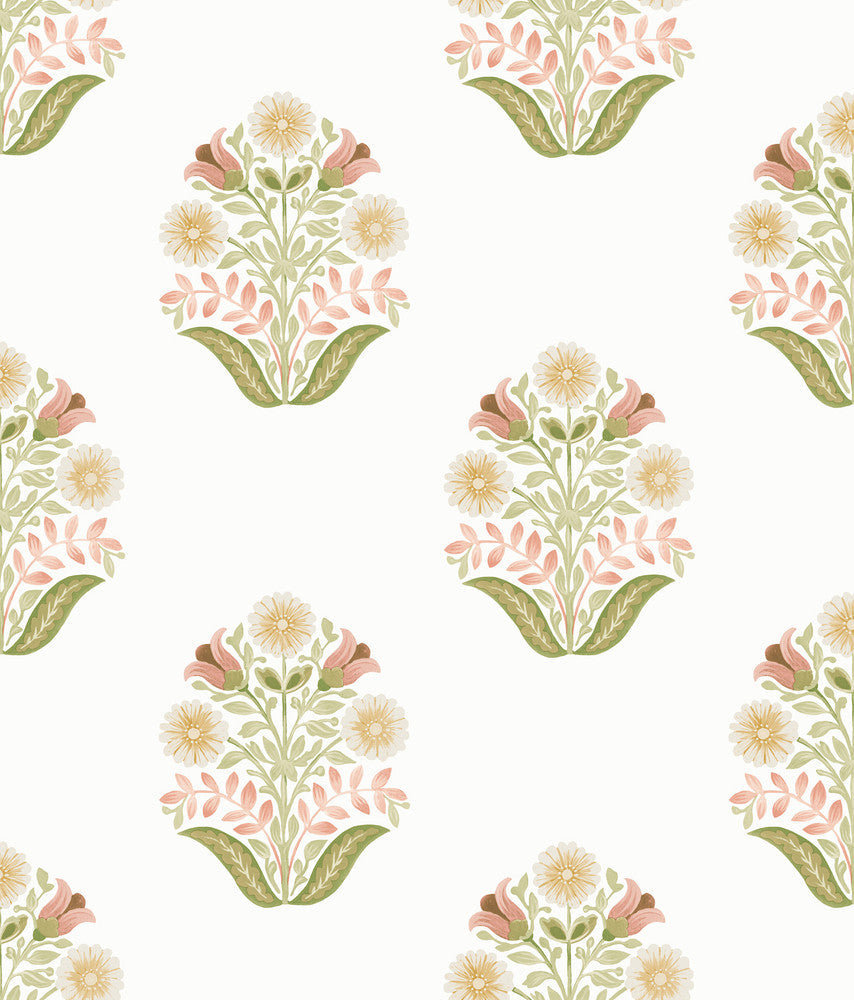Sophie Pink Floral Medallion Peel & Stick Wallpaper by York Wallcoverings Designer Mirth Studios Covers about 34.2 square feet 20.5-in by 20-ft long roll Peel & Stick 24 - Swanky Fabrics -