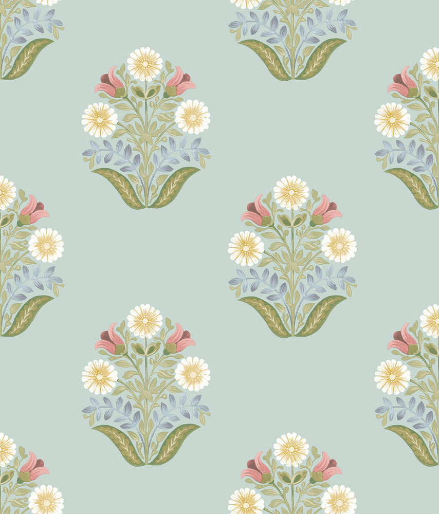 Sophie Aqua Floral Medallion Peel & Stick Wallpaper by York Wallcoverings Designer Mirth Studios Covers about 34.2 square feet 20.5-in by 20-ft long roll Peel & Stick 24 - Swanky Fabrics -