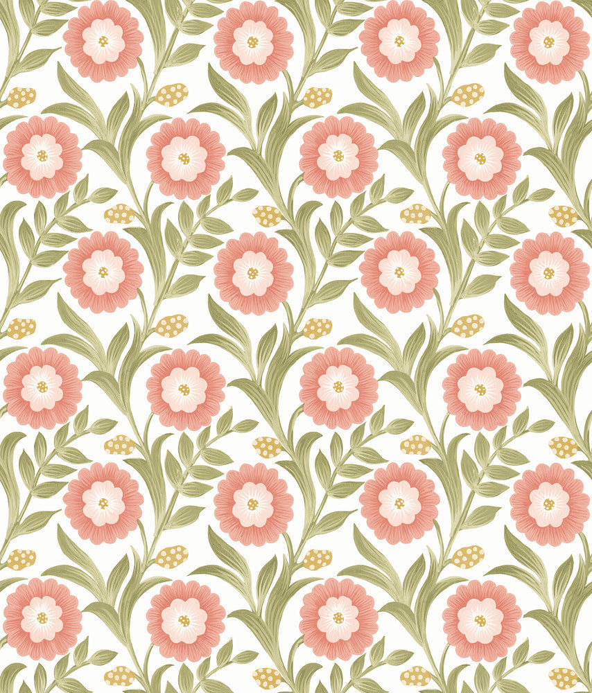 Lillian Pink Floral Vine Peel & Stick Wallpaper by York Wallcoverings Designer Mirth Studios Covers about 34.2 square feet 20.5-in by 20-ft long roll Peel & Stick 24 - Swanky Fabrics -