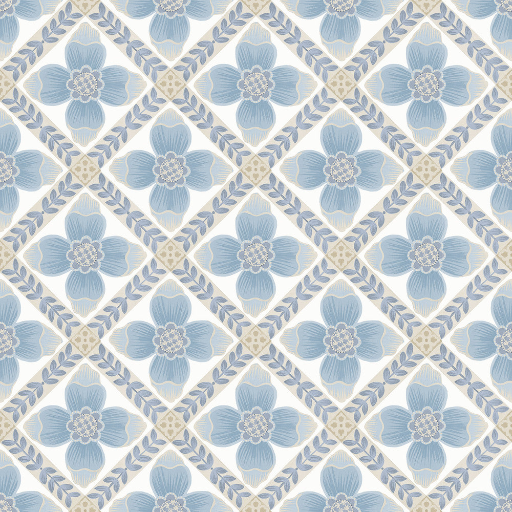 Mimi Blue Quilted Floral Peel & Stick Wallpaper by York Wallcoverings Designer Mirth Studios Covers about 34.2 square feet 20.5-in by 20-ft long roll Peel & Stick 20.5 - Swanky Fabrics -