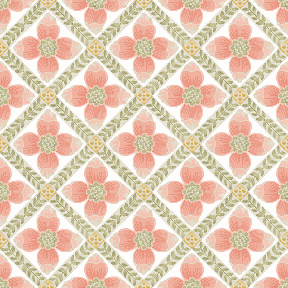 Mimi Coral Quilted Floral Peel & Stick Wallpaper by York Wallcoverings Designer Mirth Studios Covers about 34.2 square feet 20.5-in by 20-ft long roll Peel & Stick 20.5 - Swanky Fabrics -