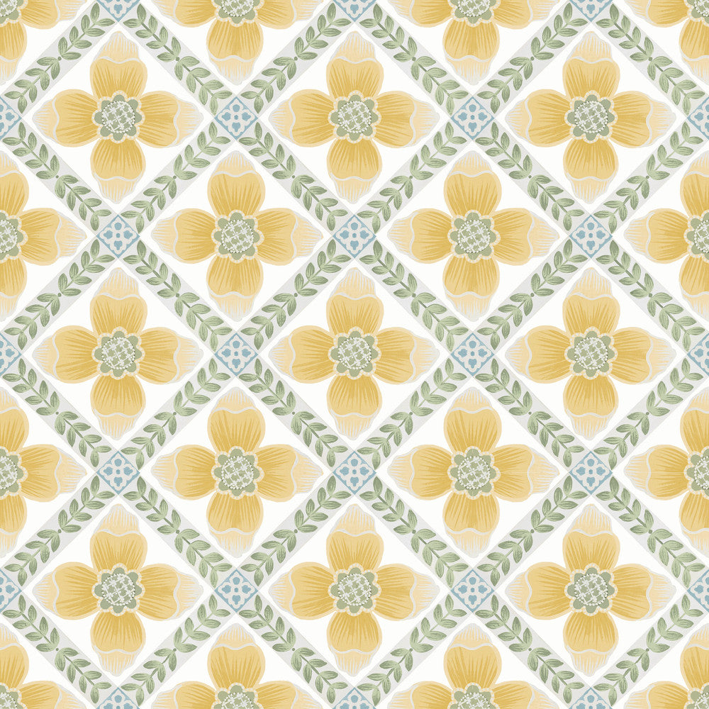 Mimi Yellow Quilted Floral Peel & Stick Wallpaper by York Wallcoverings Designer Mirth Studios Covers about 34.2 square feet 20.5-in by 20-ft long roll Peel & Stick 20.5 - Swanky Fabrics -