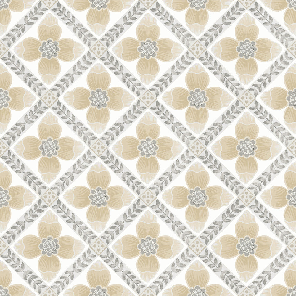 Mimi Neutral Quilted Floral Peel & Stick Wallpaper by York Wallcoverings Designer Mirth Studios Covers about 34.2 square feet 20.5-in by 20-ft long roll Peel & Stick 20.5 - Swanky Fabrics -