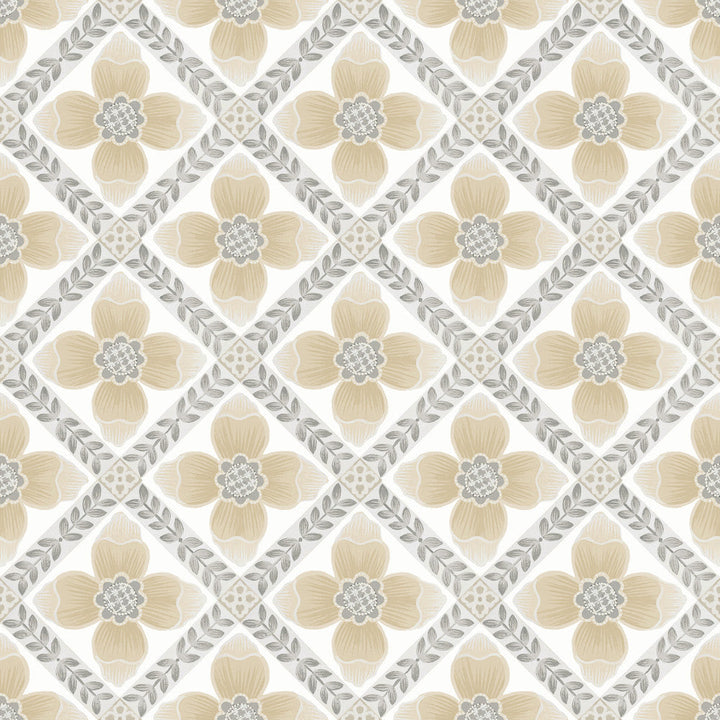 Mimi Neutral Quilted Floral Peel & Stick Wallpaper by York Wallcoverings Designer Mirth Studios Covers about 34.2 square feet 20.5-in by 20-ft long roll Peel & Stick 20.5 - Swanky Fabrics -