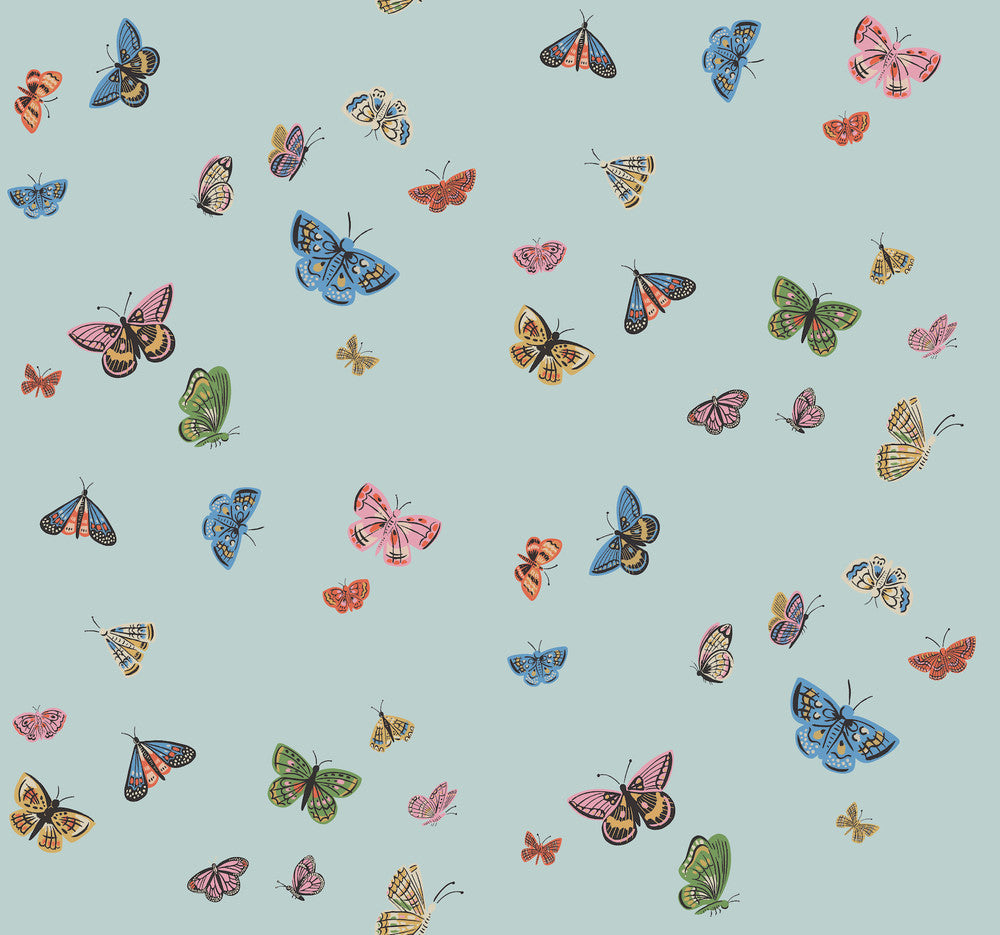 Butterfly House Light Blue Wallpaper by Rifle Paper Co. Designer Rifle Paper Co. 3rd Edition Covers about 60.8 square feet 27-in by 27-ft long roll Unpasted 25.25 - Swanky Fabrics -