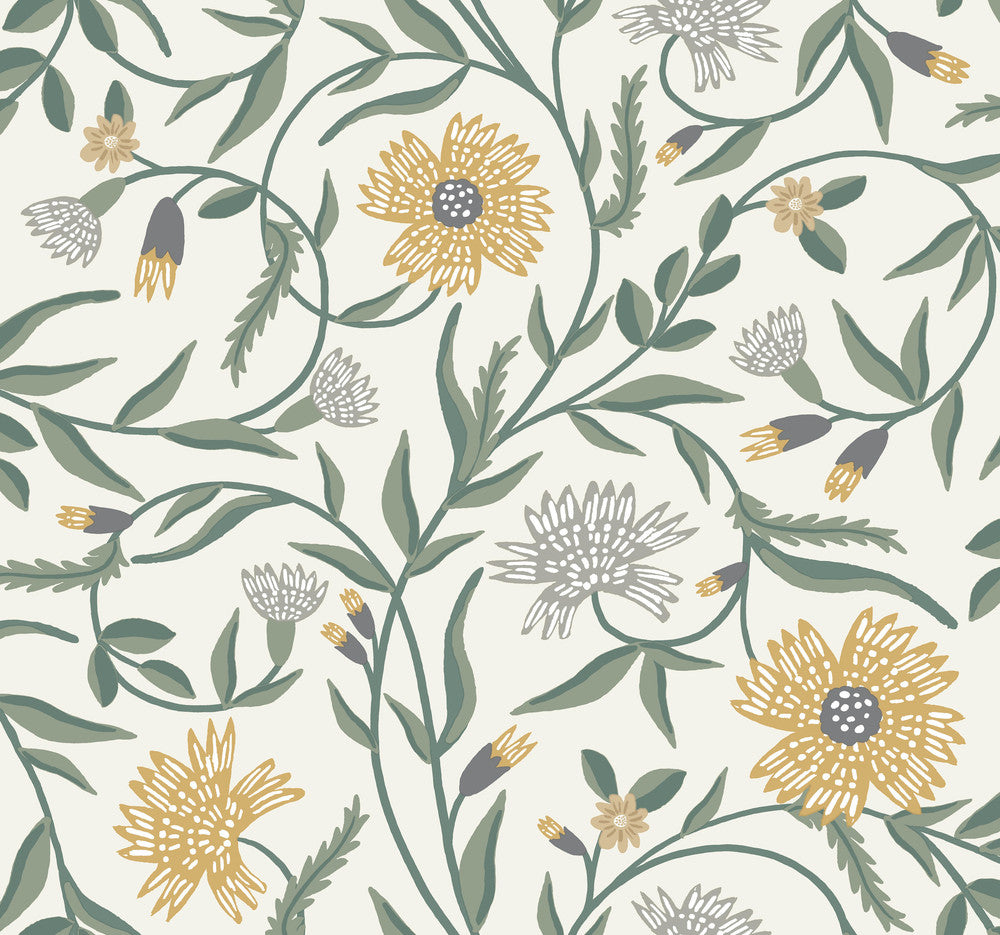 Aster Gold Wallpaper by Rifle Paper Co. Designer Rifle Paper Co. 3rd Edition Covers about 60.8 square feet 27-in by 27-ft long roll Unpasted 25.25 - Swanky Fabrics -