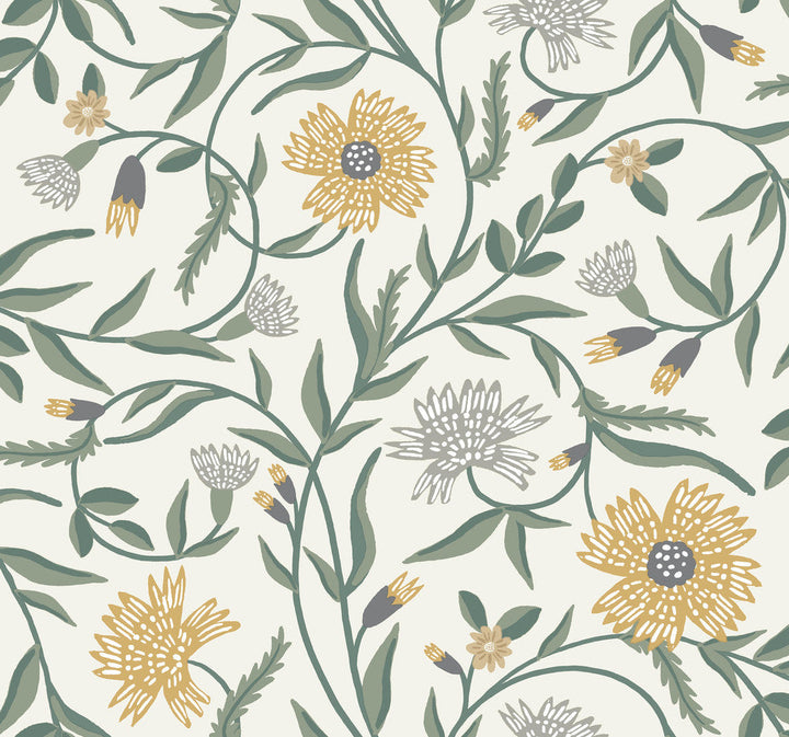 Aster Gold Wallpaper by Rifle Paper Co. Designer Rifle Paper Co. 3rd Edition Covers about 60.8 square feet 27-in by 27-ft long roll Unpasted 25.25 - Swanky Fabrics -