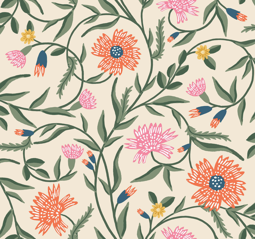 Aster Coral Wallpaper by Rifle Paper Co. Designer Rifle Paper Co. 3rd Edition Covers about 60.8 square feet 27-in by 27-ft long roll Unpasted 25.25 - Swanky Fabrics -