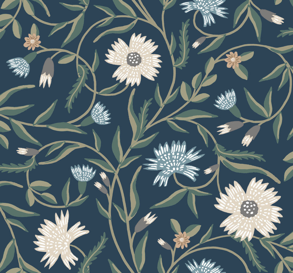 Aster Navy Wallpaper by Rifle Paper Co. Designer Rifle Paper Co. 3rd Edition Covers about 60.8 square feet 27-in by 27-ft long roll Unpasted 25.25 - Swanky Fabrics -