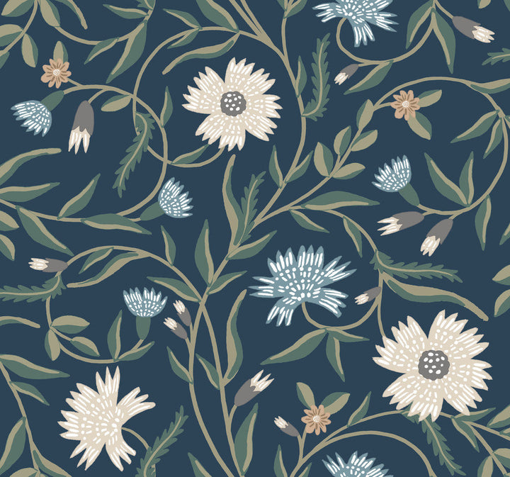 Aster Navy Wallpaper by Rifle Paper Co. Designer Rifle Paper Co. 3rd Edition Covers about 60.8 square feet 27-in by 27-ft long roll Unpasted 25.25 - Swanky Fabrics -
