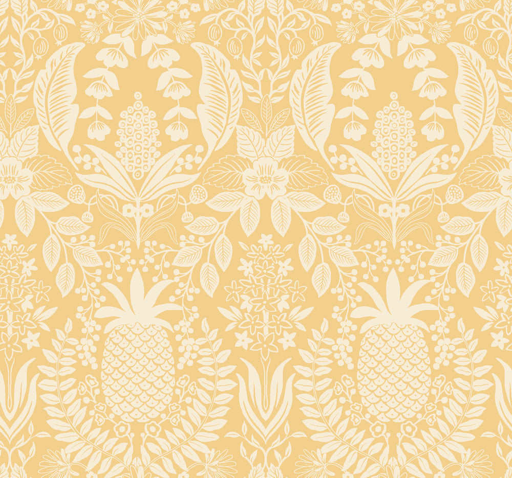 Pineapple Damask Yellow Wallpaper by Rifle Paper Co. Designer Rifle Paper Co. 3rd Edition Covers about 60.8 square feet 27-in by 27-ft long roll Unpasted 25.25 - Swanky Fabrics -