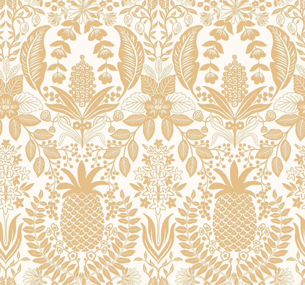 Pineapple Damask Gold Wallpaper by Rifle Paper Co. Designer Rifle Paper Co. 3rd Edition Covers about 60.8 square feet 27-in by 27-ft long roll Unpasted 25.25 - Swanky Fabrics -