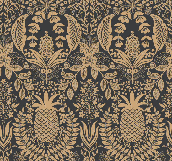 Pineapple Damask Black Wallpaper by Rifle Paper Co. Designer Rifle Paper Co. 3rd Edition Covers about 60.8 square feet 27-in by 27-ft long roll Unpasted 25.25 - Swanky Fabrics -