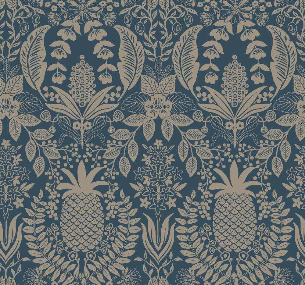 Pineapple Damask Navy Wallpaper by Rifle Paper Co. Designer Rifle Paper Co. 3rd Edition Covers about 60.8 square feet 27-in by 27-ft long roll Unpasted 25.25 - Swanky Fabrics -