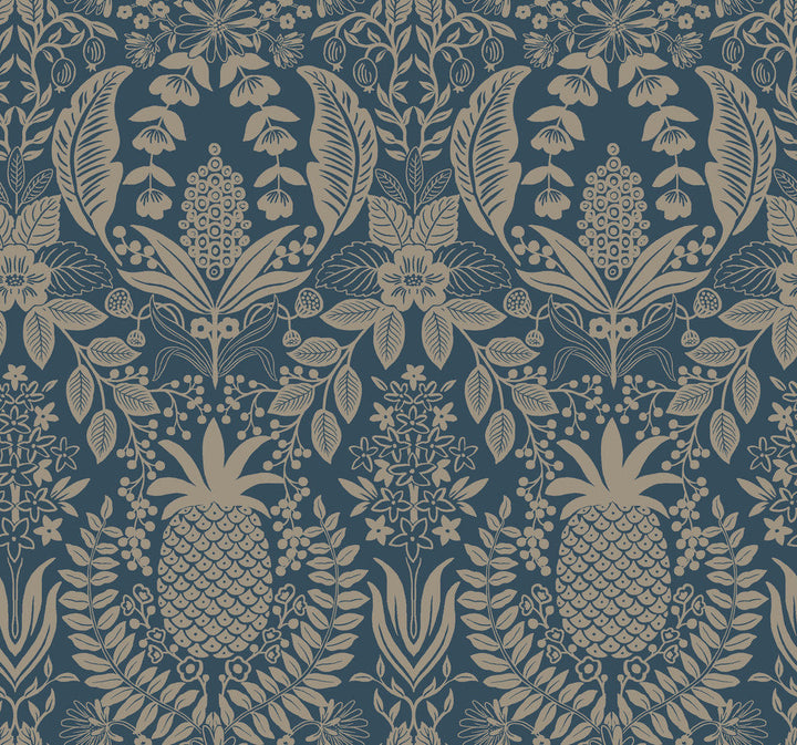 Pineapple Damask Navy Wallpaper by Rifle Paper Co. Designer Rifle Paper Co. 3rd Edition Covers about 60.8 square feet 27-in by 27-ft long roll Unpasted 25.25 - Swanky Fabrics -
