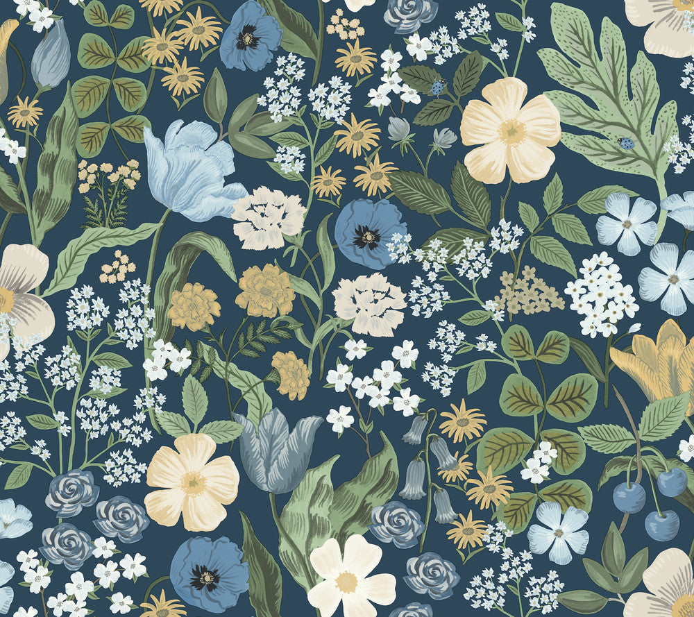 Blossom Navy Wallpaper by Rifle Paper Co. Designer Rifle Paper Co. 3rd Edition Covers about 60.8 square feet 27-in by 27-ft long roll Unpasted 24 - Swanky Fabrics -
