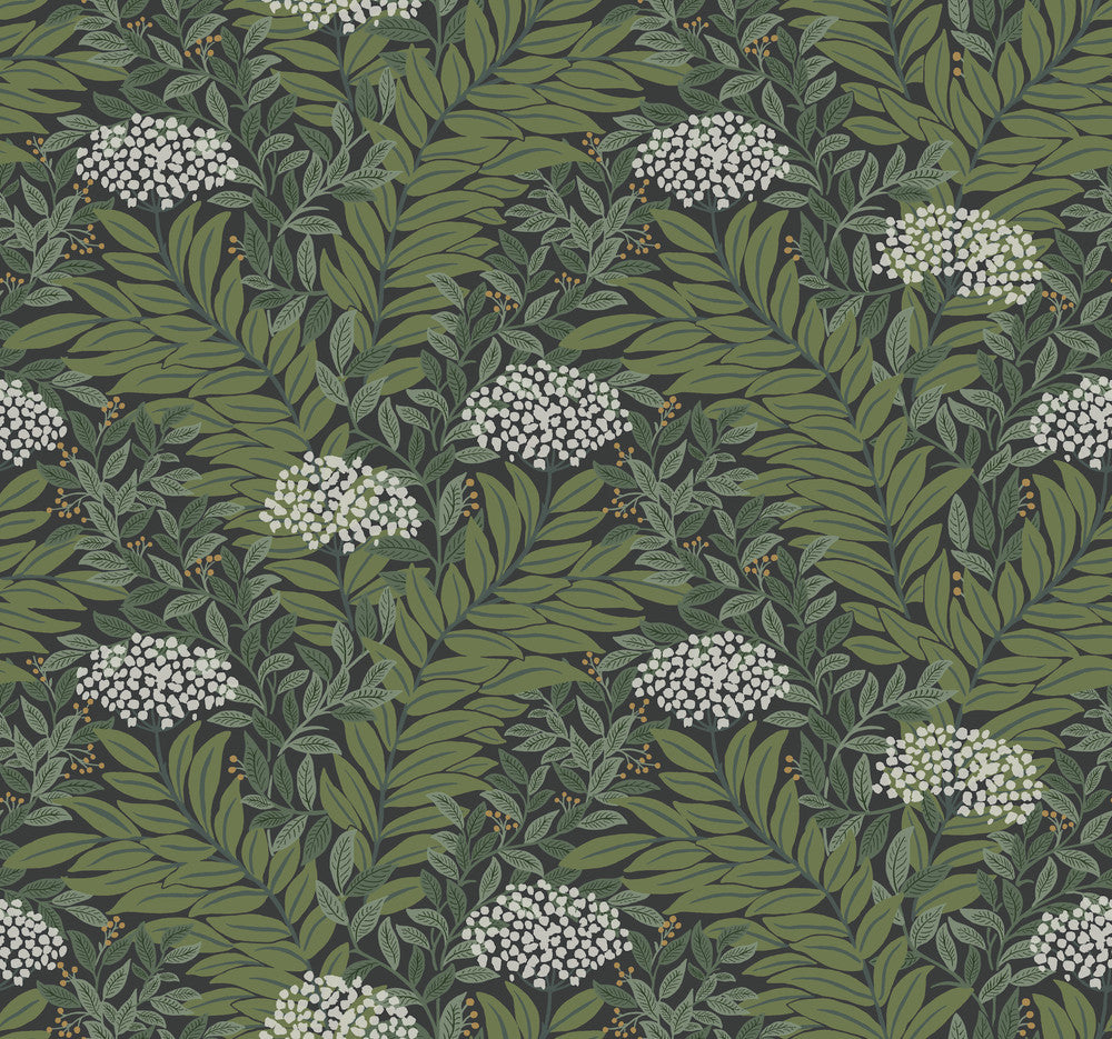 Highgrove Black Wallpaper by Rifle Paper Co. Designer Rifle Paper Co. 3rd Edition Covers about 60.8 square feet 27-in by 27-ft long roll Unpasted 12.63 - Swanky Fabrics -