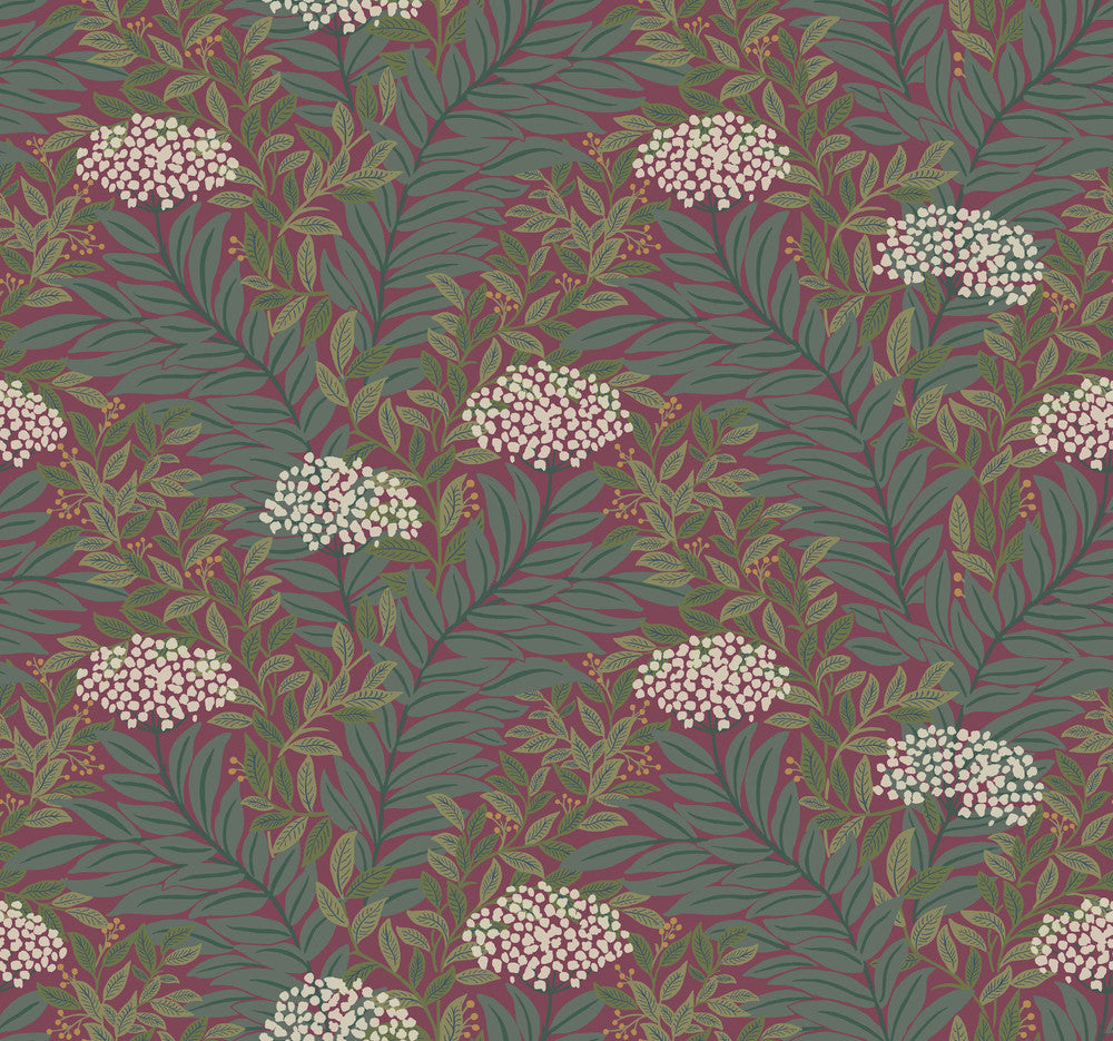Highgrove Burgundy Wallpaper by Rifle Paper Co. Designer Rifle Paper Co. 3rd Edition Covers about 60.8 square feet 27-in by 27-ft long roll Unpasted 12.63 - Swanky Fabrics -