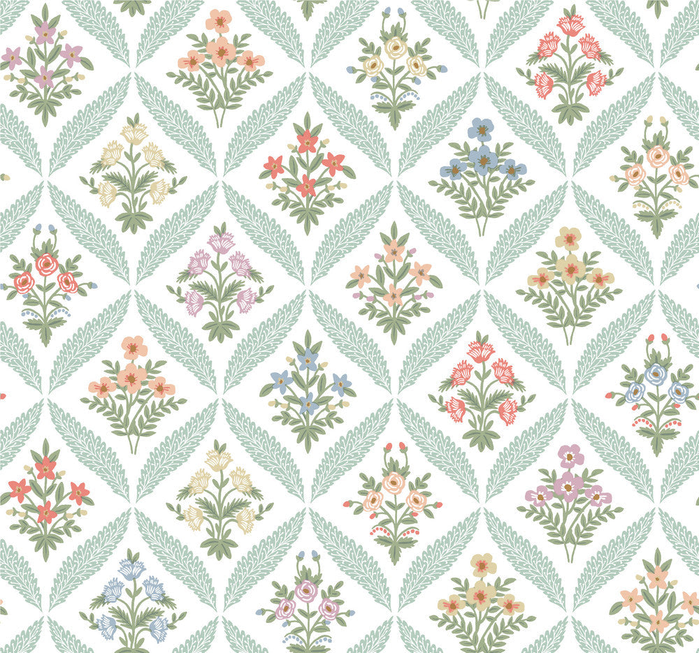 Estee Garden Pastel Wallpaper by Rifle Paper Co. Designer Rifle Paper Co. 3rd Edition Covers about 60.8 square feet 27-in by 27-ft long roll Unpasted 25.25 - Swanky Fabrics -