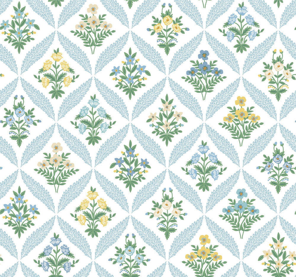 Estee Garden Blue Wallpaper by Rifle Paper Co. Designer Rifle Paper Co. 3rd Edition Covers about 60.8 square feet 27-in by 27-ft long roll Unpasted 25.25 - Swanky Fabrics -