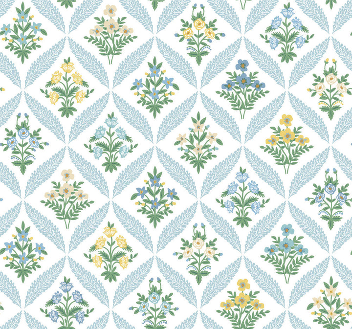 Estee Garden Blue Wallpaper by Rifle Paper Co. Designer Rifle Paper Co. 3rd Edition Covers about 60.8 square feet 27-in by 27-ft long roll Unpasted 25.25 - Swanky Fabrics -