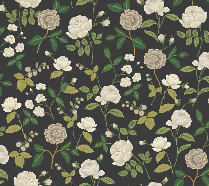 Roses Black Wallpaper by Rifle Paper Co. Designer Rifle Paper Co. 3rd Edition Covers about 60.8 square feet 27-in by 27-ft long roll Unpasted 24 - Swanky Fabrics -