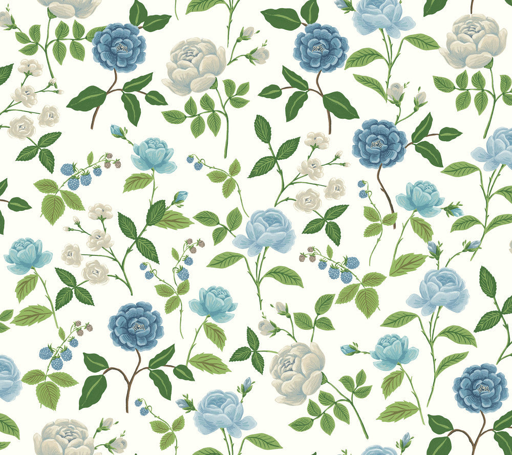 Roses Blue Wallpaper by Rifle Paper Co. Designer Rifle Paper Co. 3rd Edition Covers about 60.8 square feet 27-in by 27-ft long roll Unpasted 24 - Swanky Fabrics -