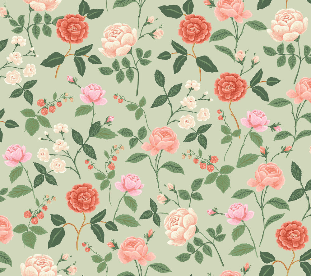 Roses Mint Wallpaper by Rifle Paper Co. Designer Rifle Paper Co. 3rd Edition Covers about 60.8 square feet 27-in by 27-ft long roll Unpasted 24 - Swanky Fabrics -