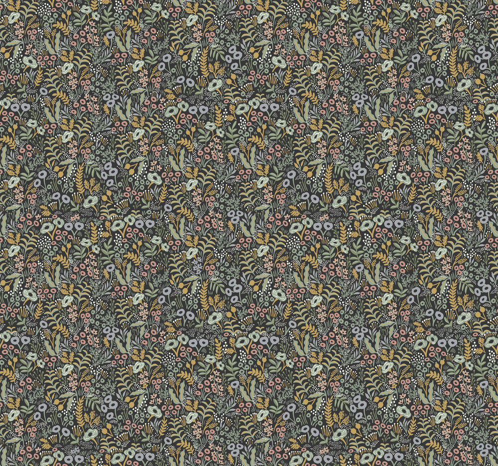 Tapestry Black Wallpaper by Rifle Paper Co. Designer Rifle Paper Co. Covers about 60.8 square feet 27-in by 27-ft long roll Unpasted 25.25 - Swanky Fabrics -