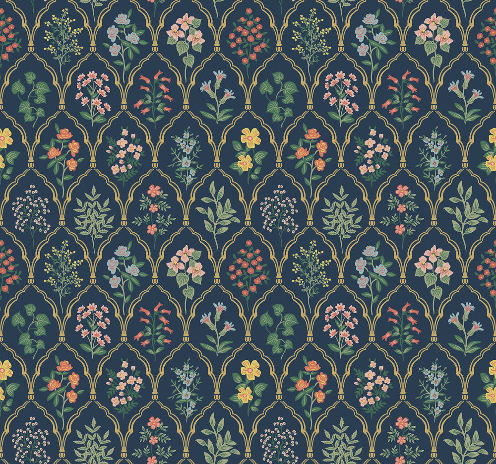 Hawthorne Navy Wallpaper by Rifle Paper Co. Designer Rifle Paper Co. Covers about 60.8 square feet 27-in by 27-ft long roll Unpasted 25.25 - Swanky Fabrics -