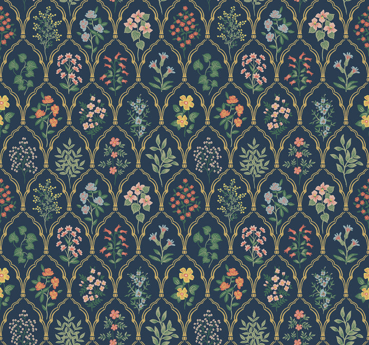 Hawthorne Navy Wallpaper by Rifle Paper Co. Designer Rifle Paper Co. Covers about 60.8 square feet 27-in by 27-ft long roll Unpasted 25.25 - Swanky Fabrics -