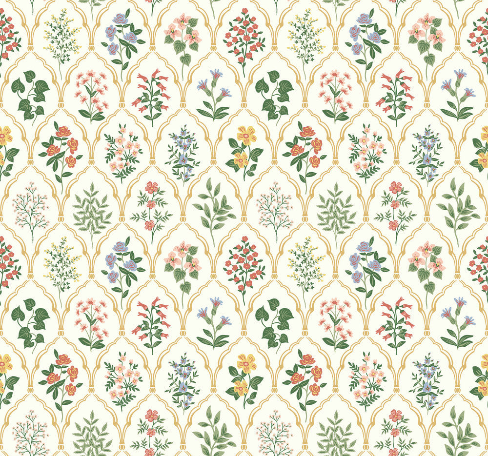 Hawthorne Cream Wallpaper by Rifle Paper Co. Designer Rifle Paper Co. Covers about 60.8 square feet 27-in by 27-ft long roll Unpasted 25.25 - Swanky Fabrics -