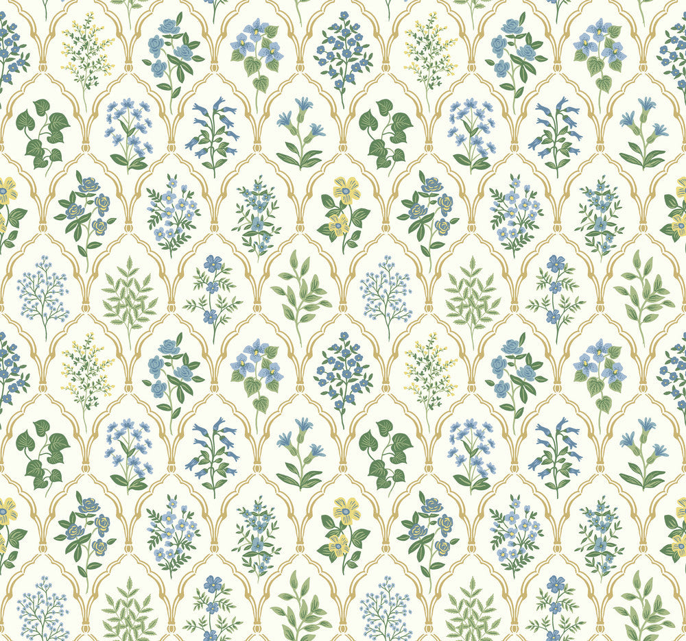 Hawthorne Blue & Green Wallpaper by Rifle Paper Co. Designer Rifle Paper Co. Covers about 60.8 square feet 27-in by 27-ft long roll Unpasted 25.25 - Swanky Fabrics -