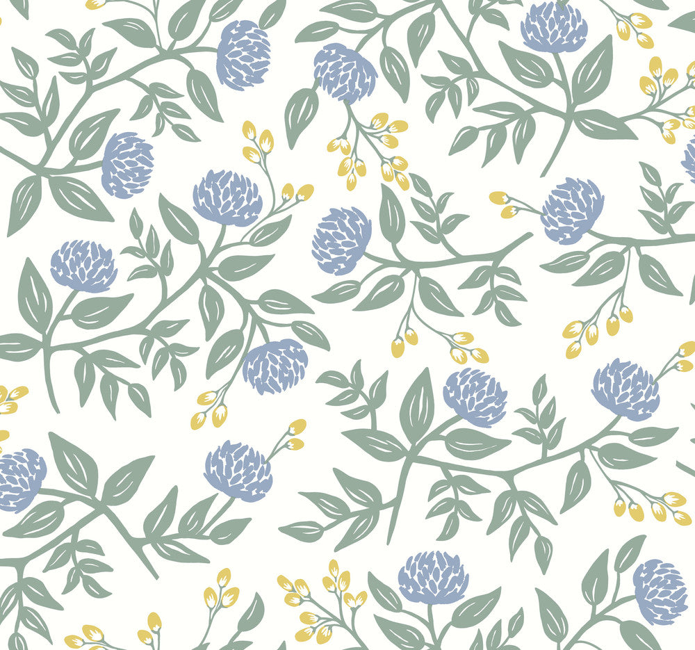 Peonies Periwinkle & Sage Wallpaper by Rifle Paper Co. Designer Rifle Paper Co. Covers about 60.8 square feet 27-in by 27-ft long roll Unpasted 25.25 - Swanky Fabrics -