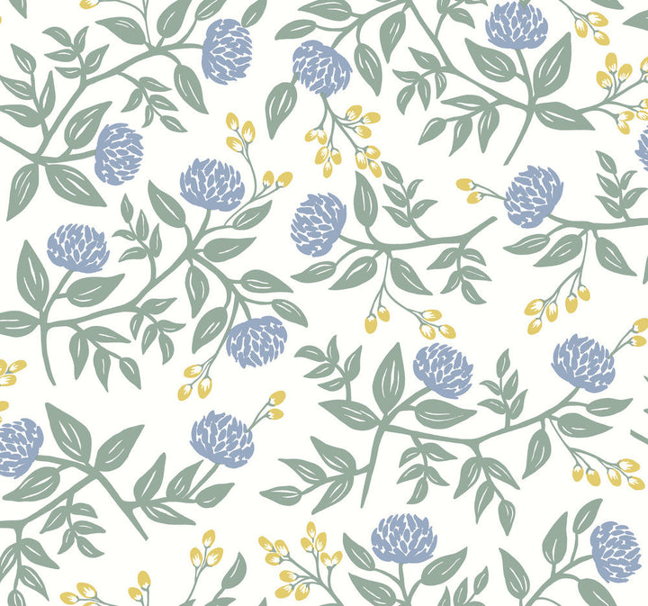 Peonies Periwinkle & Sage Wallpaper by Rifle Paper Co. Designer Rifle Paper Co. Covers about 60.8 square feet 27-in by 27-ft long roll Unpasted 25.25 - Swanky Fabrics -
