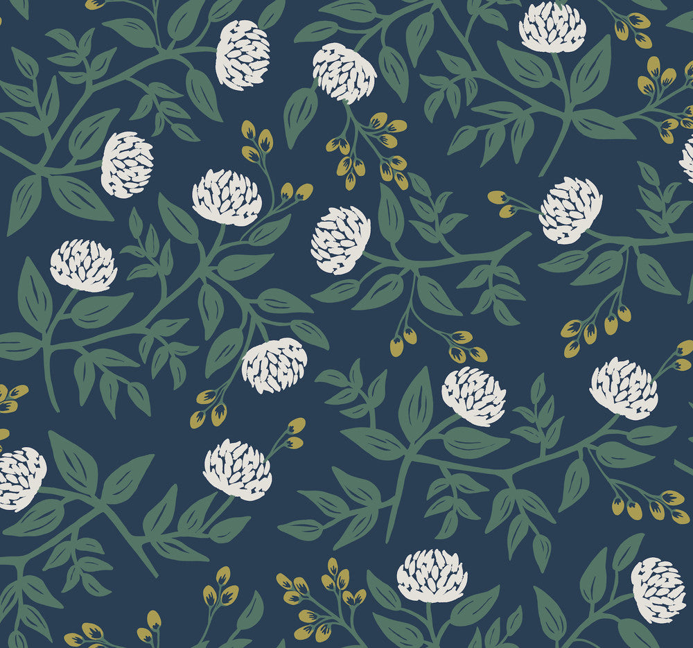 Peonies Navy Wallpaper by Rifle Paper Co. Designer Rifle Paper Co. Covers about 60.8 square feet 27-in by 27-ft long roll Unpasted 25.25 - Swanky Fabrics -