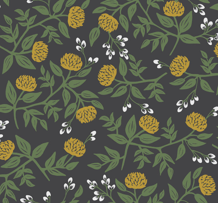 Peonies Black & Gold Wallpaper by Rifle Paper Co. Designer Rifle Paper Co. Covers about 60.8 square feet 27-in by 27-ft long roll Unpasted 25.25 - Swanky Fabrics -
