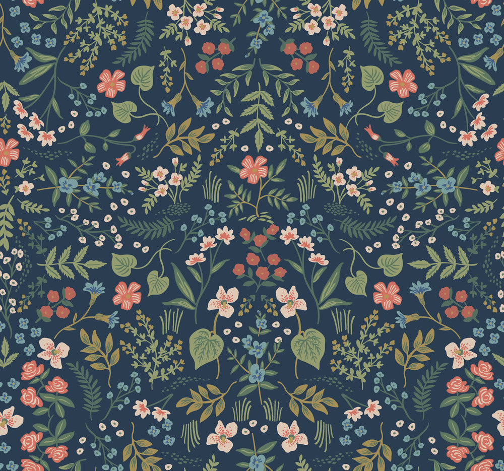 Wildwood Navy Wallpaper by Rifle Paper Co. Designer Rifle Paper Co. Covers about 60.8 square feet 27-in by 27-ft long roll Unpasted 25.25 - Swanky Fabrics -