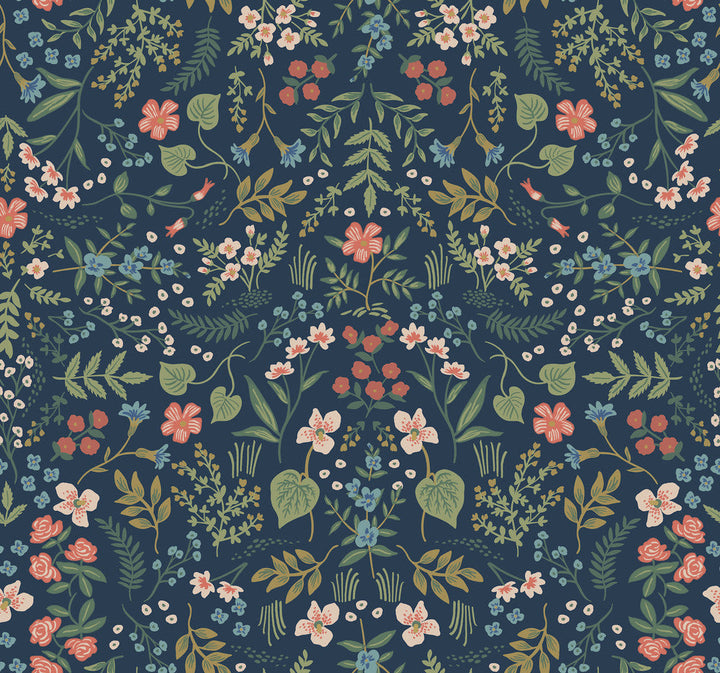 Wildwood Navy Wallpaper by Rifle Paper Co. Designer Rifle Paper Co. Covers about 60.8 square feet 27-in by 27-ft long roll Unpasted 25.25 - Swanky Fabrics -