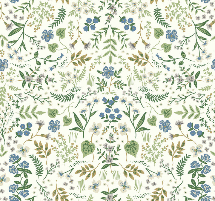 Wildwood Blue & Green Wallpaper by Rifle Paper Co. Designer Rifle Paper Co. Covers about 60.8 square feet 27-in by 27-ft long roll Unpasted 25.25 - Swanky Fabrics -