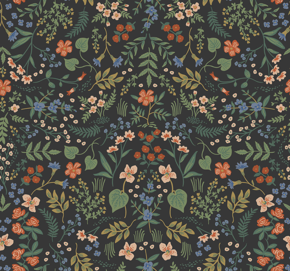 Wildwood Black Wallpaper by Rifle Paper Co. Designer Rifle Paper Co. Covers about 60.8 square feet 27-in by 27-ft long roll Unpasted 25.25 - Swanky Fabrics -