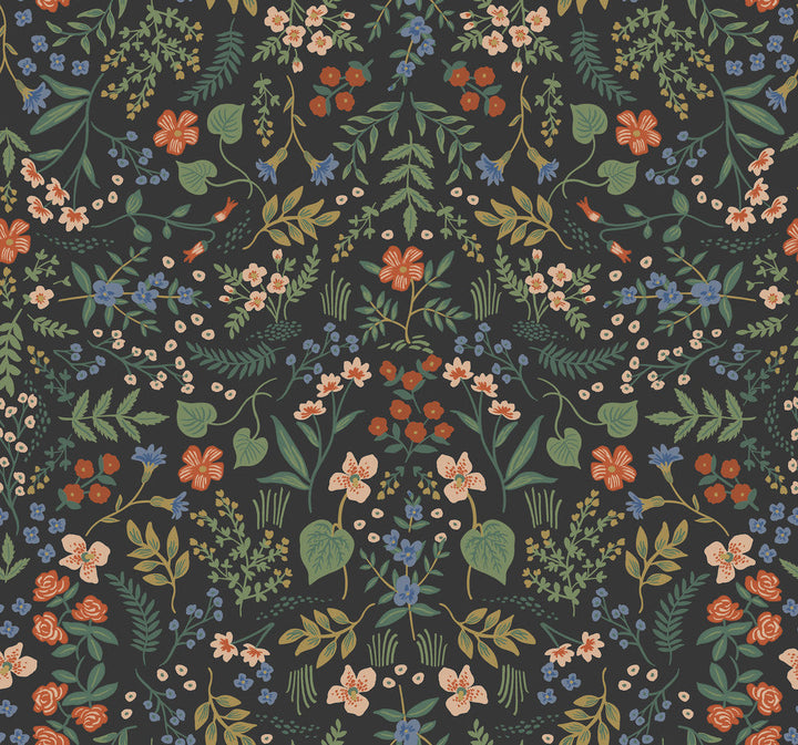 Wildwood Black Wallpaper by Rifle Paper Co. Designer Rifle Paper Co. Covers about 60.8 square feet 27-in by 27-ft long roll Unpasted 25.25 - Swanky Fabrics -