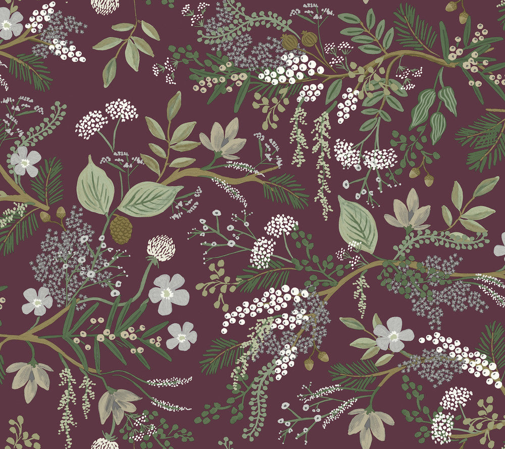 Juniper Forest Burgundy Wallpaper by Rifle Paper Co. Designer Rifle Paper Co. Covers about 60.8 square feet 27-in by 27-ft long roll Unpasted 24 - Swanky Fabrics -