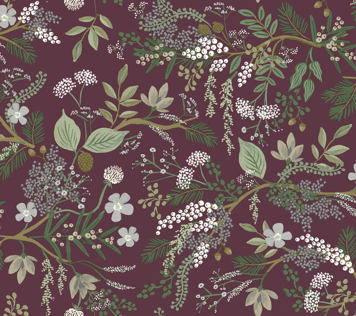 Juniper Forest Burgundy Wallpaper by Rifle Paper Co. Designer Rifle Paper Co. Covers about 60.8 square feet 27-in by 27-ft long roll Unpasted 24 - Swanky Fabrics -