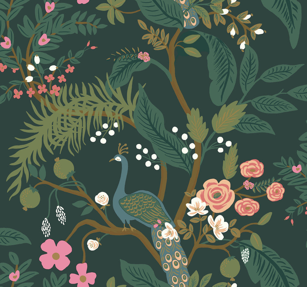 Peacock Emerald Wallpaper by Rifle Paper Co. Designer Rifle Paper Co. Covers about 60.8 square feet 27-in by 27-ft long roll Unpasted 25.25 - Swanky Fabrics -