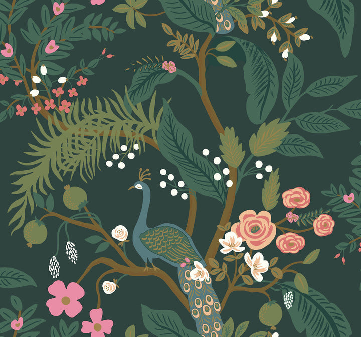 Peacock Emerald Wallpaper by Rifle Paper Co. Designer Rifle Paper Co. Covers about 60.8 square feet 27-in by 27-ft long roll Unpasted 25.25 - Swanky Fabrics -